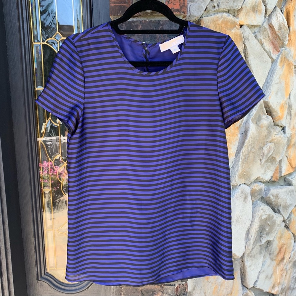 Michael Kors Satin Black & Navy Striped Short Sleeve Top